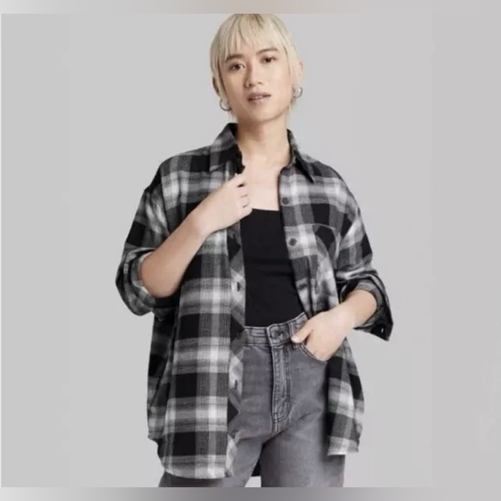 Wild Fable Black & Cream Plaid Flannel Button-Down Shirt - Women's XL